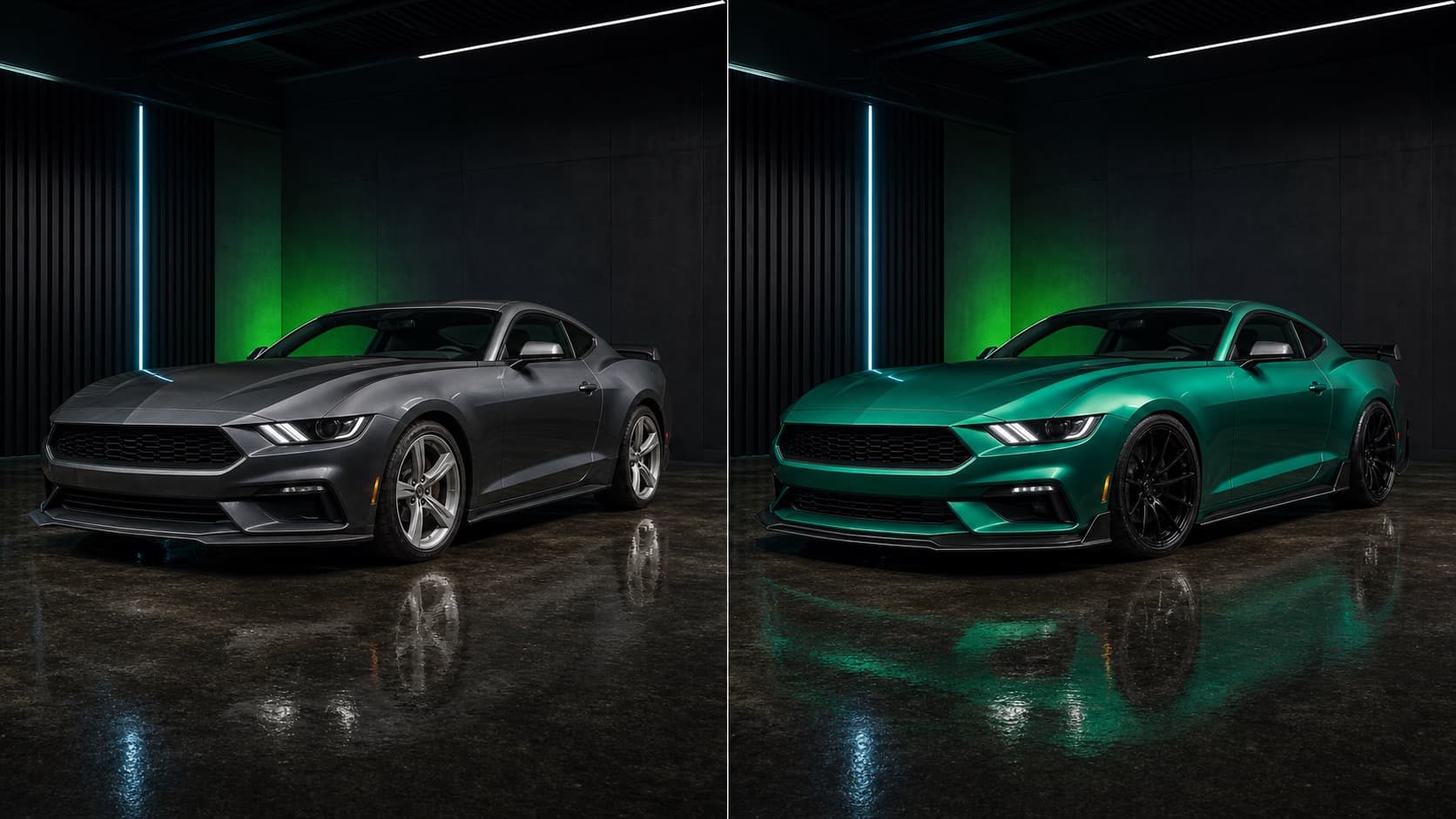 Mustang-style muscle coupe before and after AI car modification preview