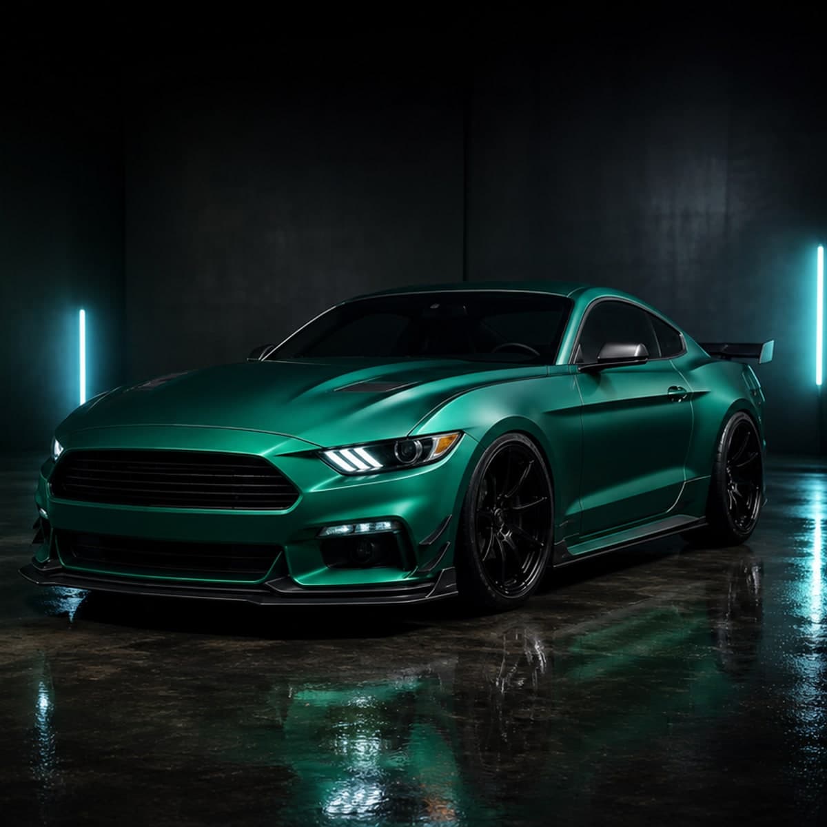 AI modified teal performance coupe with wrap, rims and lowered stance
